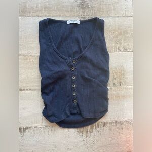 Project Social T Size Small Navy Ribbed Tank Button Up Ruched Sides Cropped